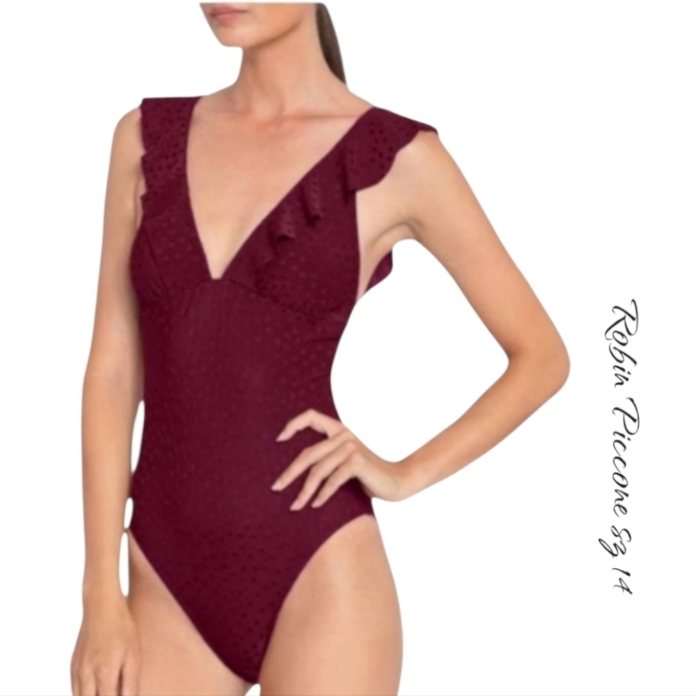 NWT Robin Piccone Julianna Eggplant Dot Ruffle One Piece Swimsuit 14